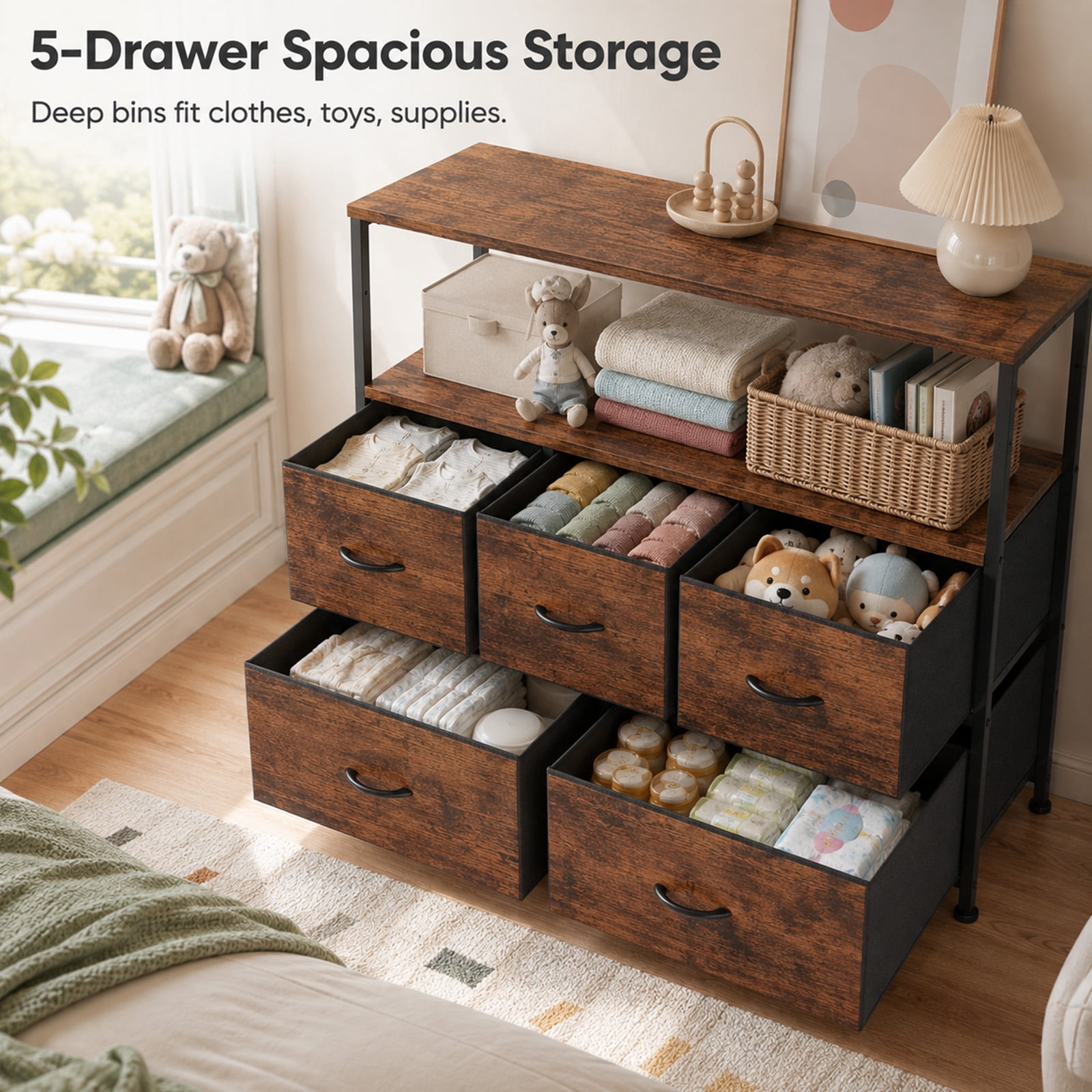 Alvantor Tall Fabric Dresser, TV Stand Media Console, 5 Drawer Storage Tower with Wooden Top for Bedroom, Entryway, Nursery