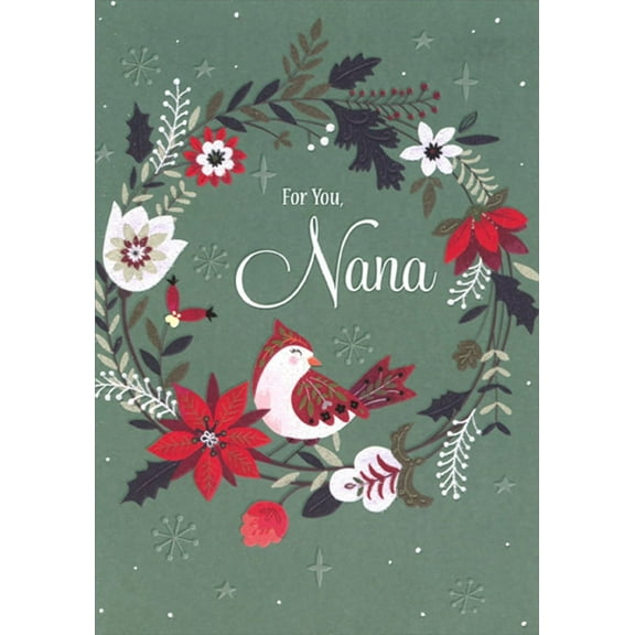 Designer Greetings Vine Wreath with Poinsettias, and White Flowers on Dark Green Nana Christmas Card