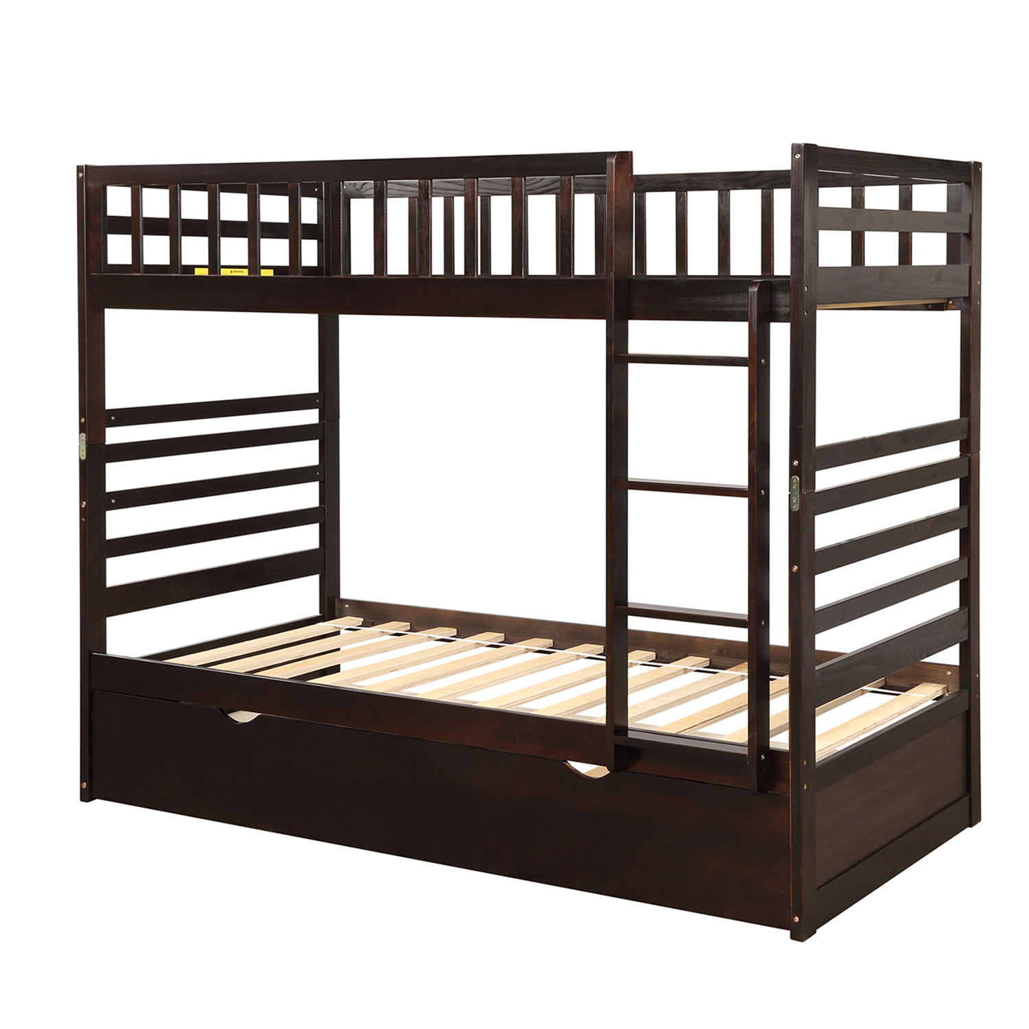 Aukfa Twin Wood Bunk Bed with Trundle，Twin Over Twin Bunk Bed Frame with Ladder and Safety Rail