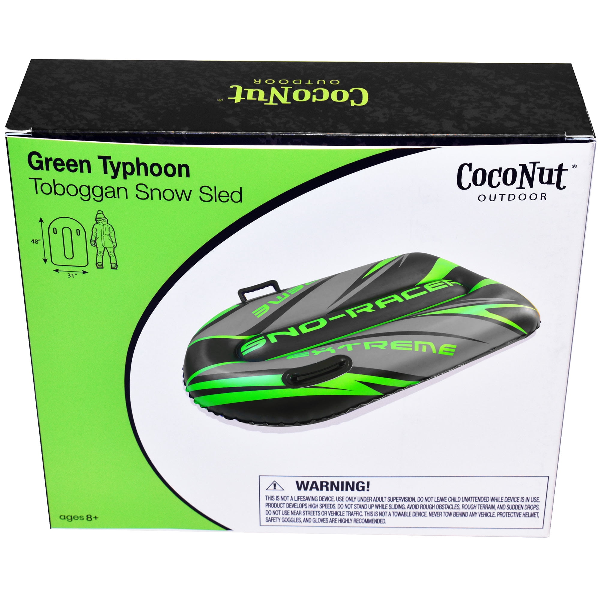 CocoNut Outdoor: Green Typhon Toboggan Snow Sled - 48x31" Lime-Black-Silver, Winter Inflatable, Cold Resistant PVC, 200lb Cap, Kids-Teens-Adults 8+