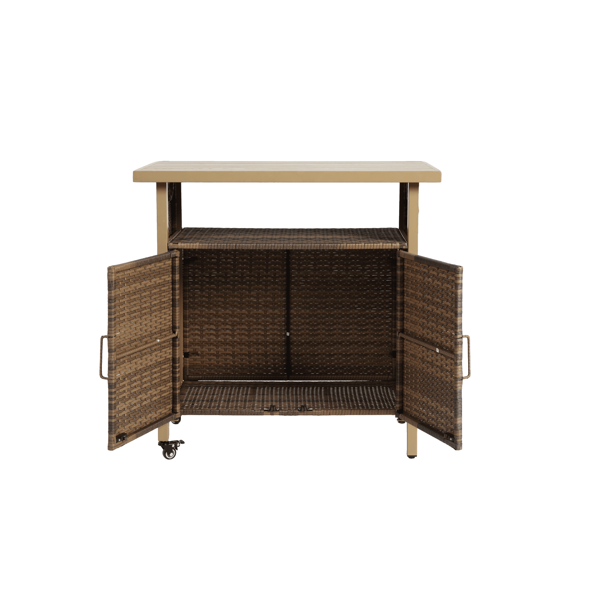 Leumius Outdoor Bar Cart, Rolling Rattan Beverage Bar Counter Table with Glass Top for Porch Backyard Garden Steel, Beige