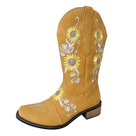 

Women Walking Shoes Ladies Boots For Women Sunflower Embroidery Print Chunky Western Cow Boots Warm Casual Shoes Fashion Mid Boots Mid-Calf Boots for Women PU Yellow