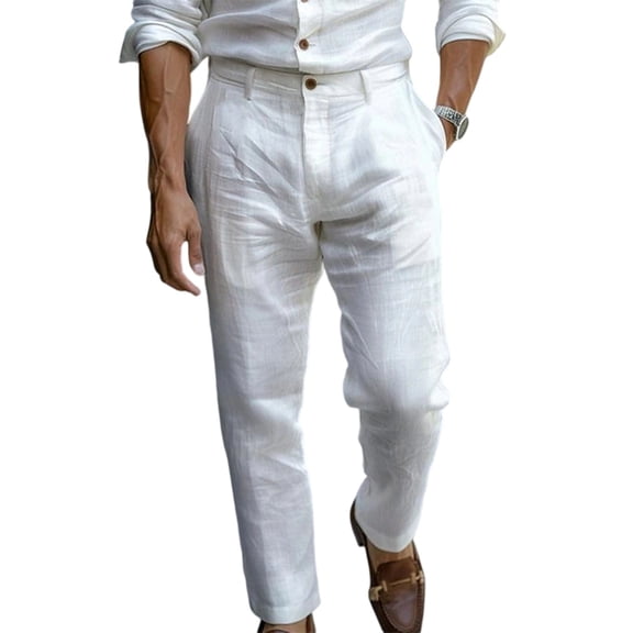 Nestiefly Men's Linen Pants Business Casual Linen Dress Pants Lightweight Straight Leg Dress Pants Summer Trousers White L