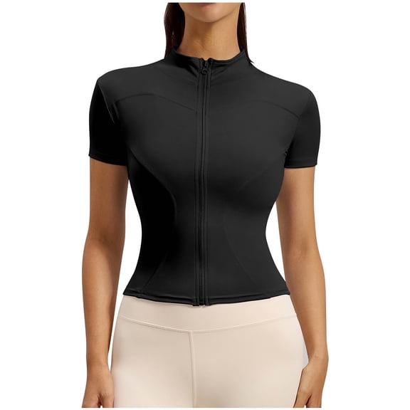 gbyLJF Womens Athletic Zip Up Jacket Solid Color Short Sleeve Workout Yoga Tops Lightweight Running Jackets for Women