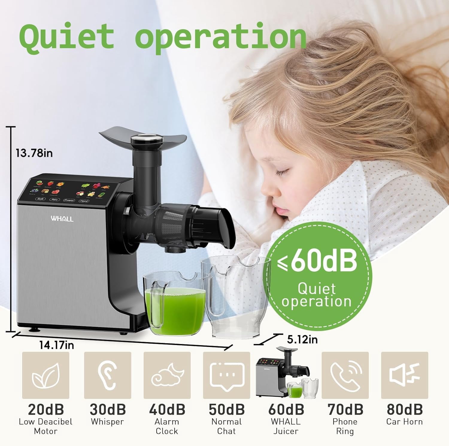 WHALL Masticating Slow Juicer, Grey - 2 Speed Modes, Touchscreen Control, Easy Clean, Cold Press Juicer for Fruits and Vegetables