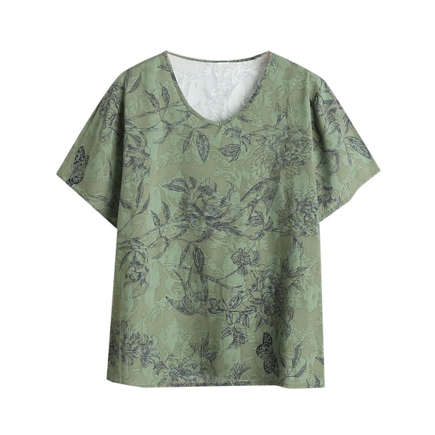 Blusas de Manga Corta Casual para las Mujeres Color Sólido Cuello Redondo Top de Verano, Moda Poliéster Impresión Blusa para las Mujeres, Lavado de Manos Primavera Y Verano