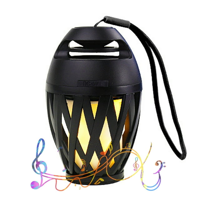 Zootealy LED Flame Speaker, a portable Bluetooth stereo speaker with a black ABS body featuring a flame-like LED light and a hanging rope for easy carrying. Designed for handsfree calling, it delivers wireless bass sound and is USB powered, ideal for home, parties, and outdoor use.