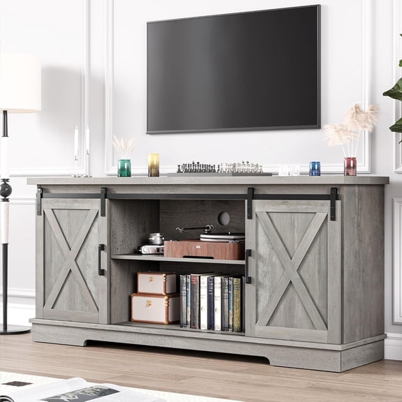 Farmhouse TV Stand for TVs up to 65", Modern Entertainment Center with Sliding Barn Doors & Adjustable Shelves, TV Console for Living Room, Heavy Duty 220lbs Load (Grey)