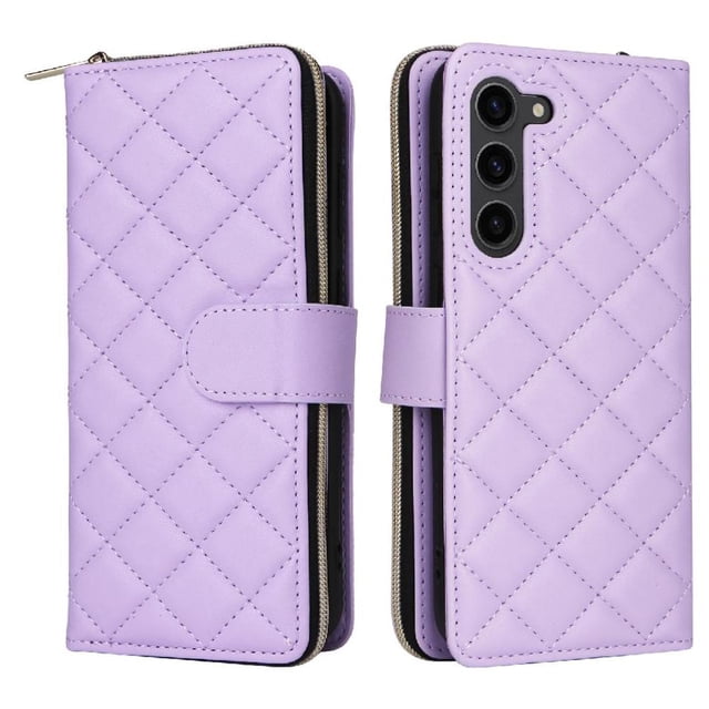 Quilted Wallet Phone Case with Strap & Stand for Samsung Galaxy S23 Zippered Card Holder Purple