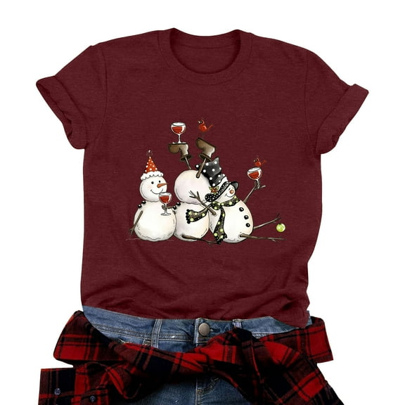 larppty Christmas Shirts for Women Christmas Snowman Funny Holiday Print T-Shirts Graphic Xmas Holiday Tee Tops (Wine, L)
