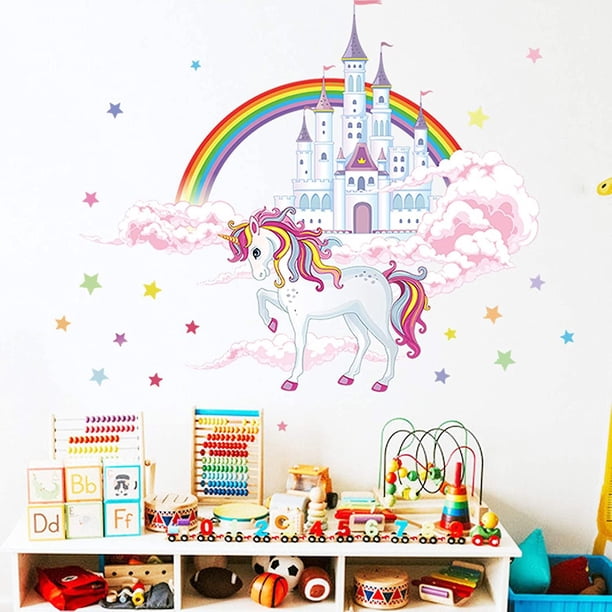 Colorido Unicornio Castillo Estrellas Arco Iris Nubes Grandes Pegatinas De Pared Pelar Y Pegar Extraíbles Diy Pegatinas De Pared Decoraciones Decoración Para Bebé Niñas Habitación Bedr