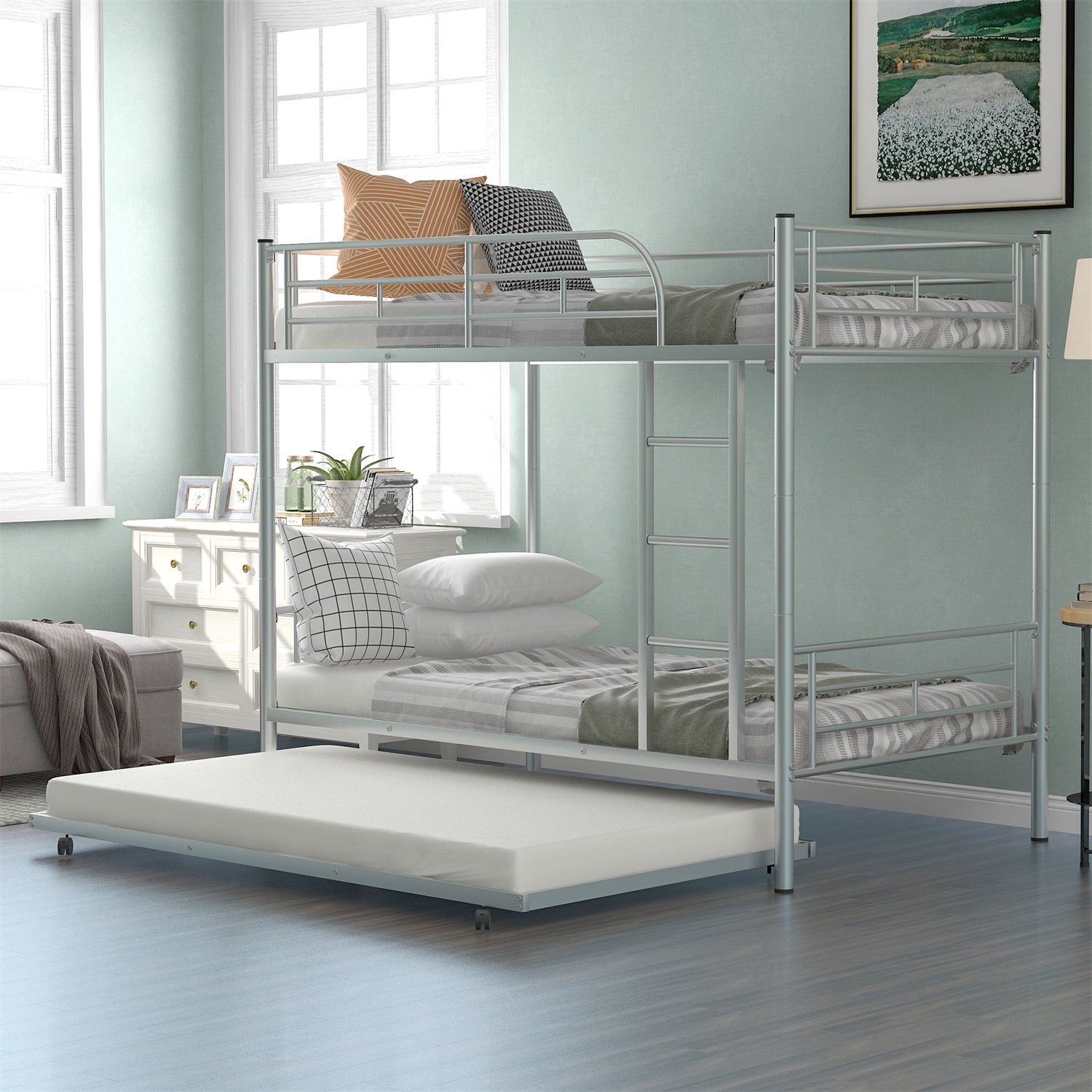 Kadyn Metal Bunk Bed, Twin-Over-Twin Bed with Trundle, Can be Divided into two beds, Modern Bunk Bed Frame for Juniors, Silver