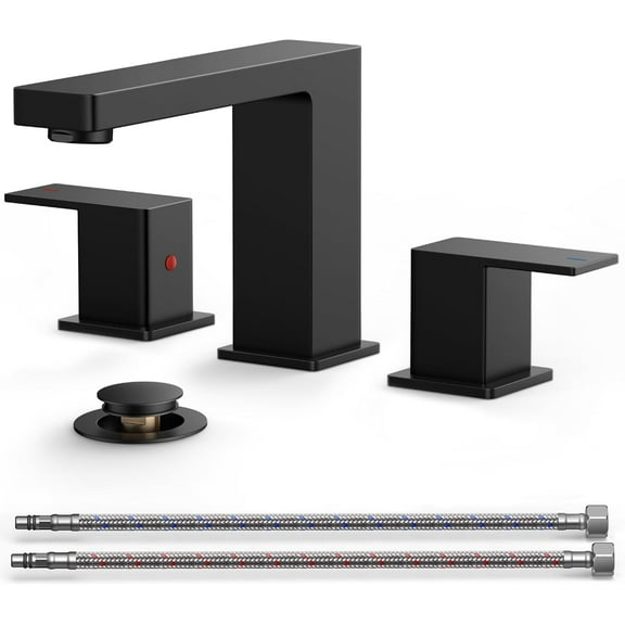 Black Bathroom Faucets 3 Hole, Matte Black Bathroom Sink Faucet 8 Inch Widespread, 2 Handle for Restroom Sink with Pop Up Drain, CUPC Supply Hose and Spare Water Saving Aerator, Vanity 3Holes