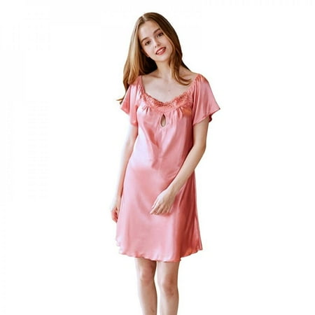 

Sales Promotion!Ladies Summer Casual Short-Sleeve Square Collar Nightdress Imitation Silk Hollow Lace Pajamas Red XXXL