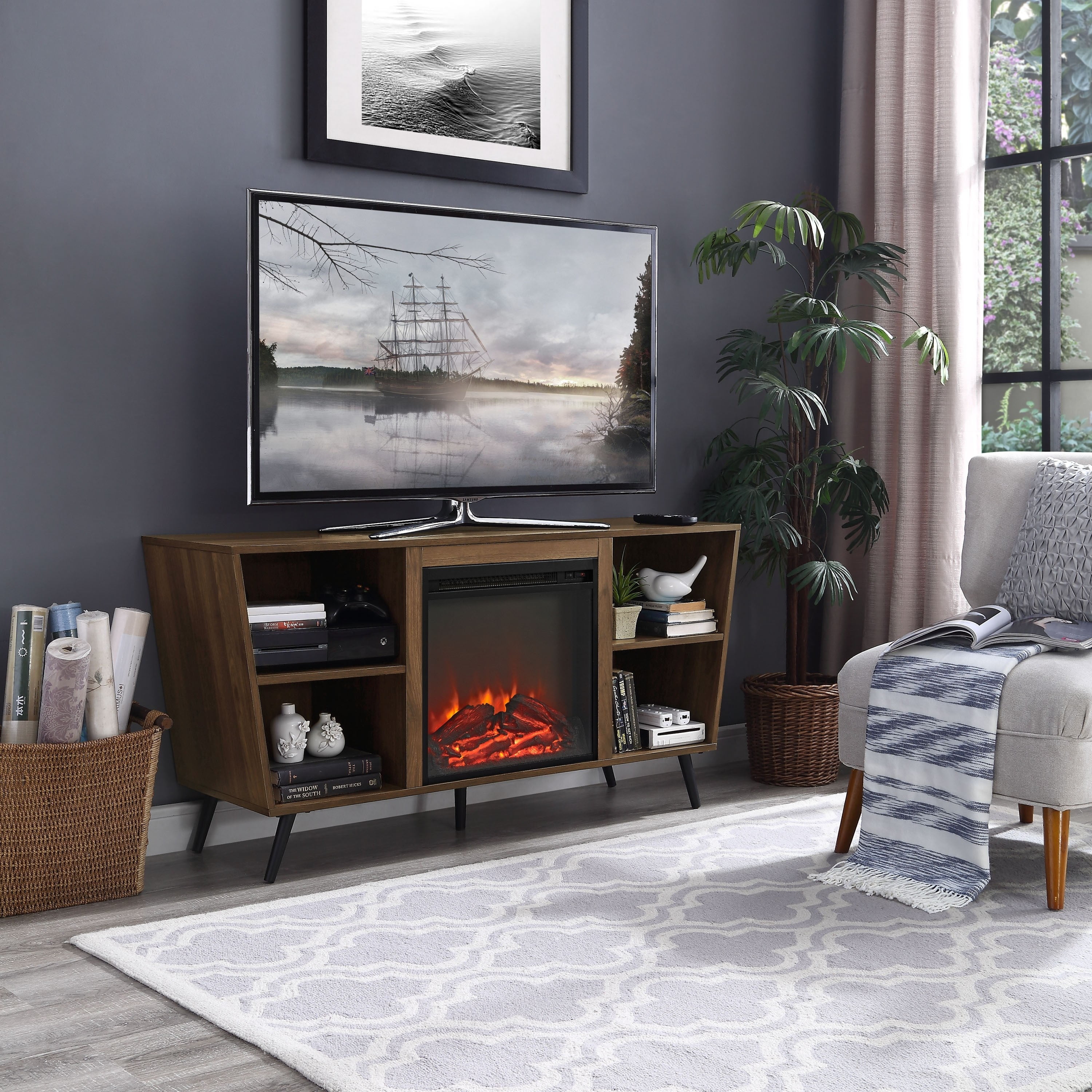 Mid-Century Modern 52-inch Angled Side Fireplace TV Stand - Walmart.com