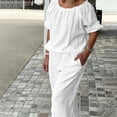 thumbnail image 4 of Womens Casual Cotton Linen Blend Outfit Round Neck Short Sleeve Drawstring Top Elastic Waist Wide Leg Pants with Pockets Solid Color Loungewear Set White L(L), 4 of 6