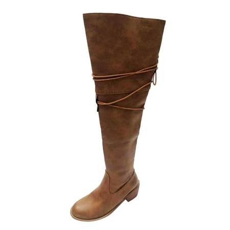 

Women S Keen-High Boots Autumn Winter Fashion Handsome Solid Color Retro Knee Thick Heel Round Toe Side Zipper Boots