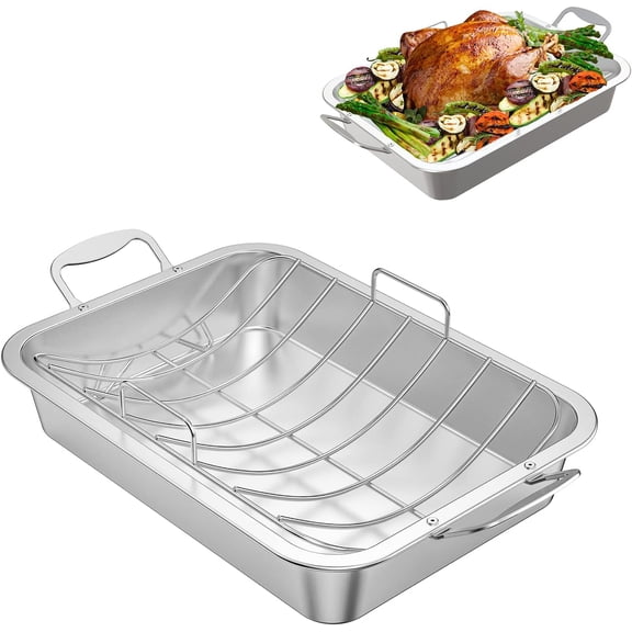 Roasting Pan with Rack for Turkey, Stainless Steel Silver Rectangular Barbecue Bakeware Roaster Pan with Nonstick U-Rack for Indoor/Outdoor Oven Cooking