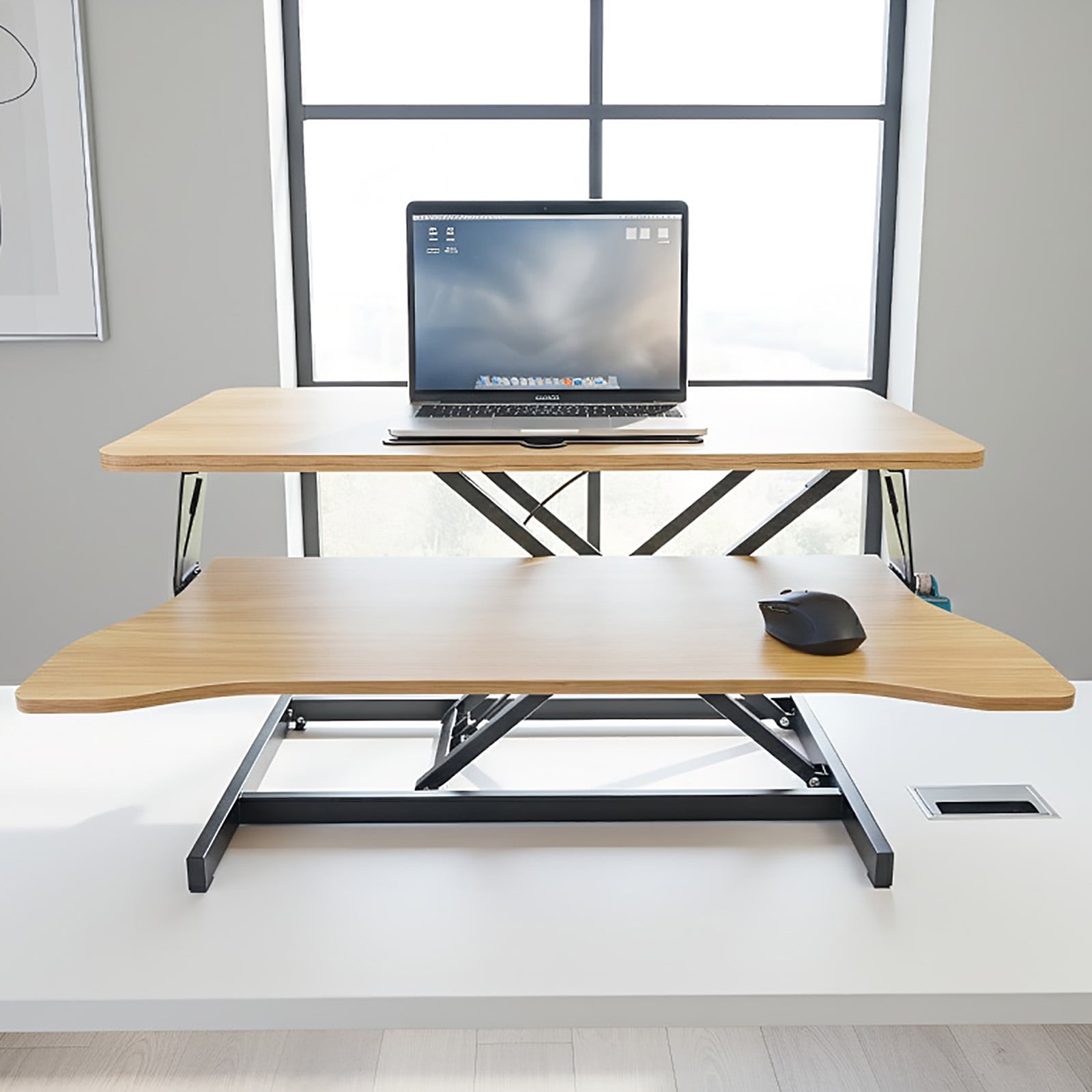 Standing Desk Converter, 32 Inch Standing Desk Adjustable Height for Table Tops and Home Office, Desk Riser Computer Workstation with Wide Keyboard Tray 2-Tier Desktop, Natural Wood