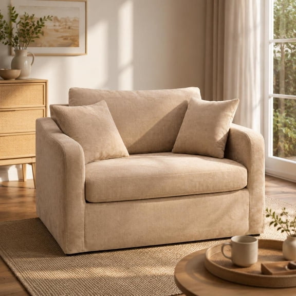 Leisure Chair, Modern Farmhouse Upholstered Reading Armchair with Chenille Fabric, Black Metal Legs, 2 Throw Pillows, 43.9 Inches Wide, for Living Room Office Lounge, Wheat Color