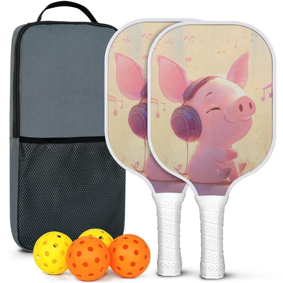 Pickleball Paddles Set Of 2, Fiberglass Surface, Music Piggy Print, 4 Balls & Bag