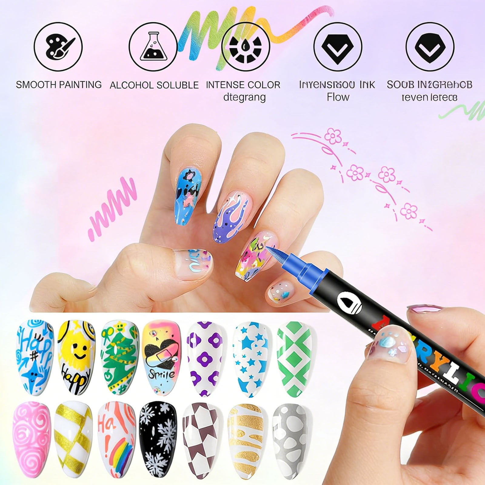 12/24/36 Colors Nail Art Markers Set, Nail Art Pens Point Nail Graffiti Dotting Pen Quick-Drying Waterproof Double Headed Acrylic Paint Pens Set for DIY Nails Art Design