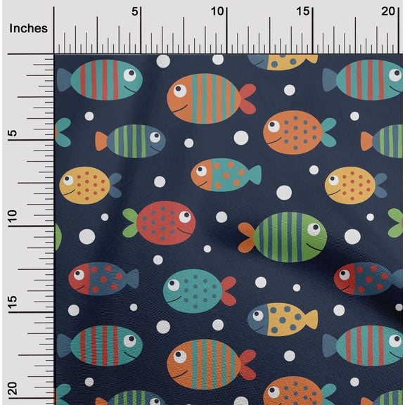 oneOone Silk Tabby Dark Navy Blue Fabric Dot & Fish Artistic Dress Material Fabric Print Fabric By The Yard 42 Inch Wide