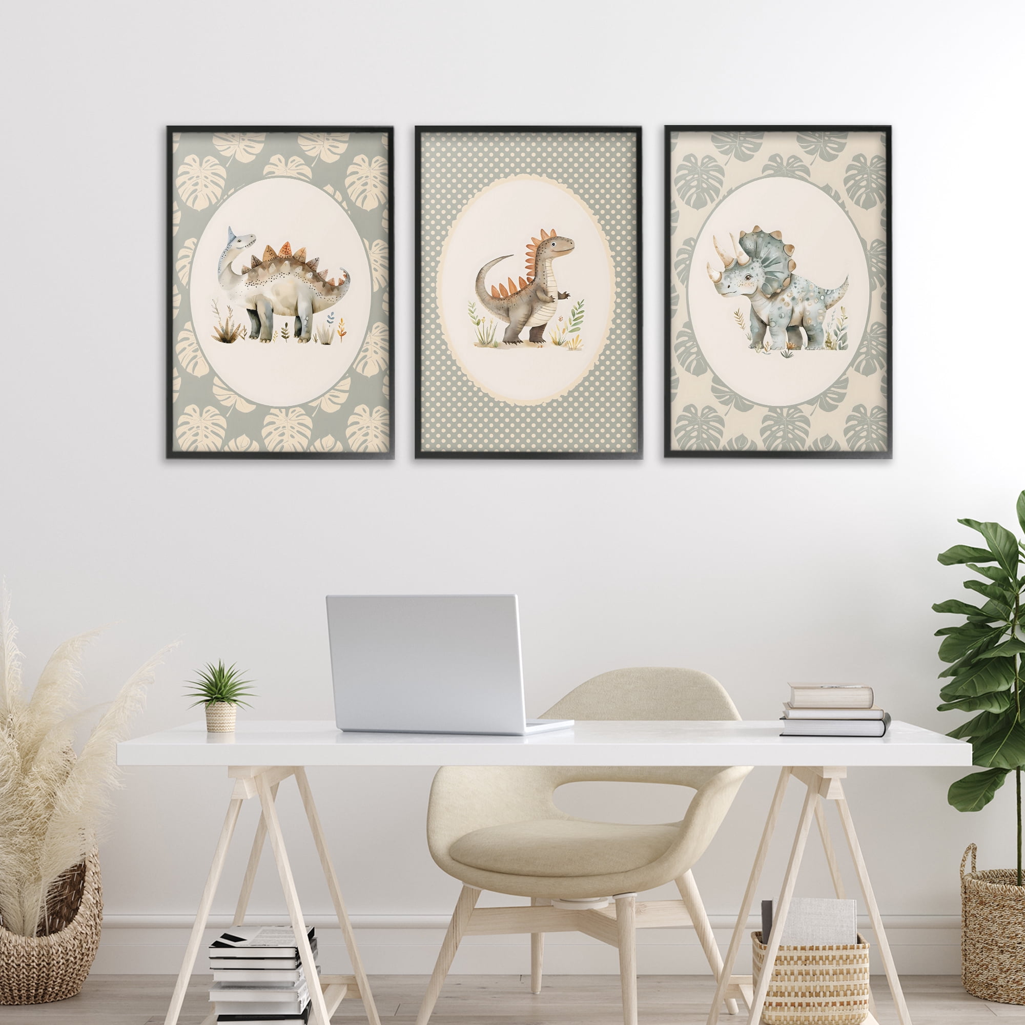 Stupell Industries Nursery Dinosaurs Tropical Border 3 Piece Black Framed Giclee Art Set, design by LSR Design Studio