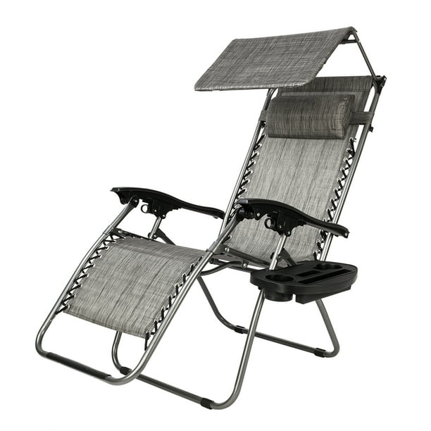Adjustable Folding Reclining Chair With Sun Awning Zero Gravity Patio Lounge Chairs Pool With Pillow Gray Walmart Com Walmart Com