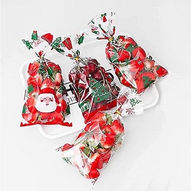 -Christmas 4S-100pcsBolsas de violonchelo transparentes navideñas de 9,8x5 pulgadas para bolsas de galletas de celofán de recuerdo de plástico, paquete de celosía rosa de 100