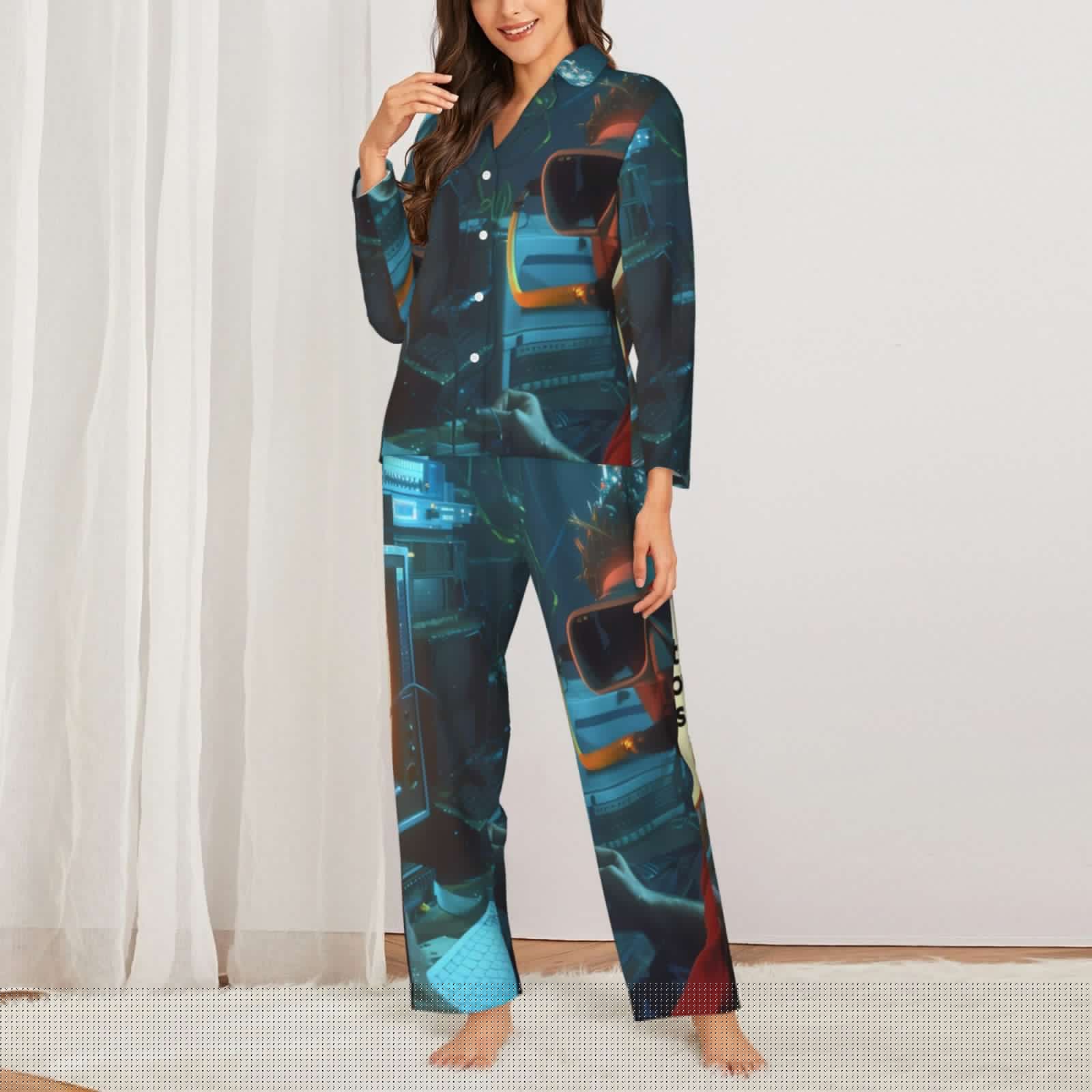 thumbnail image 2 of Salouo Underwater Office Diver Pattern Women's Pajamas Set Long Sleeve Button Down Sleepwear Soft Pj Lounge Sets for women 2 Piece Pjs Set with Long Pants-Small, 2 of 7