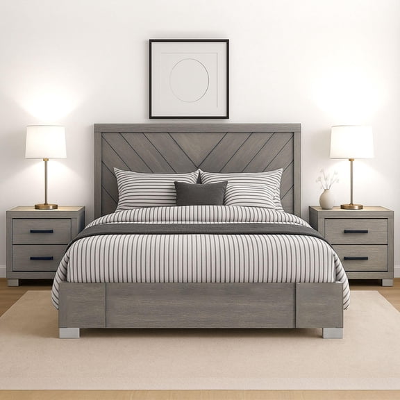 Kings Brand Furniture 3-Piece Oak Gray with Chrome Legs Bedroom Set – Wood Bed Frame with Panel Headboard & 2 Nightstands (Queen)