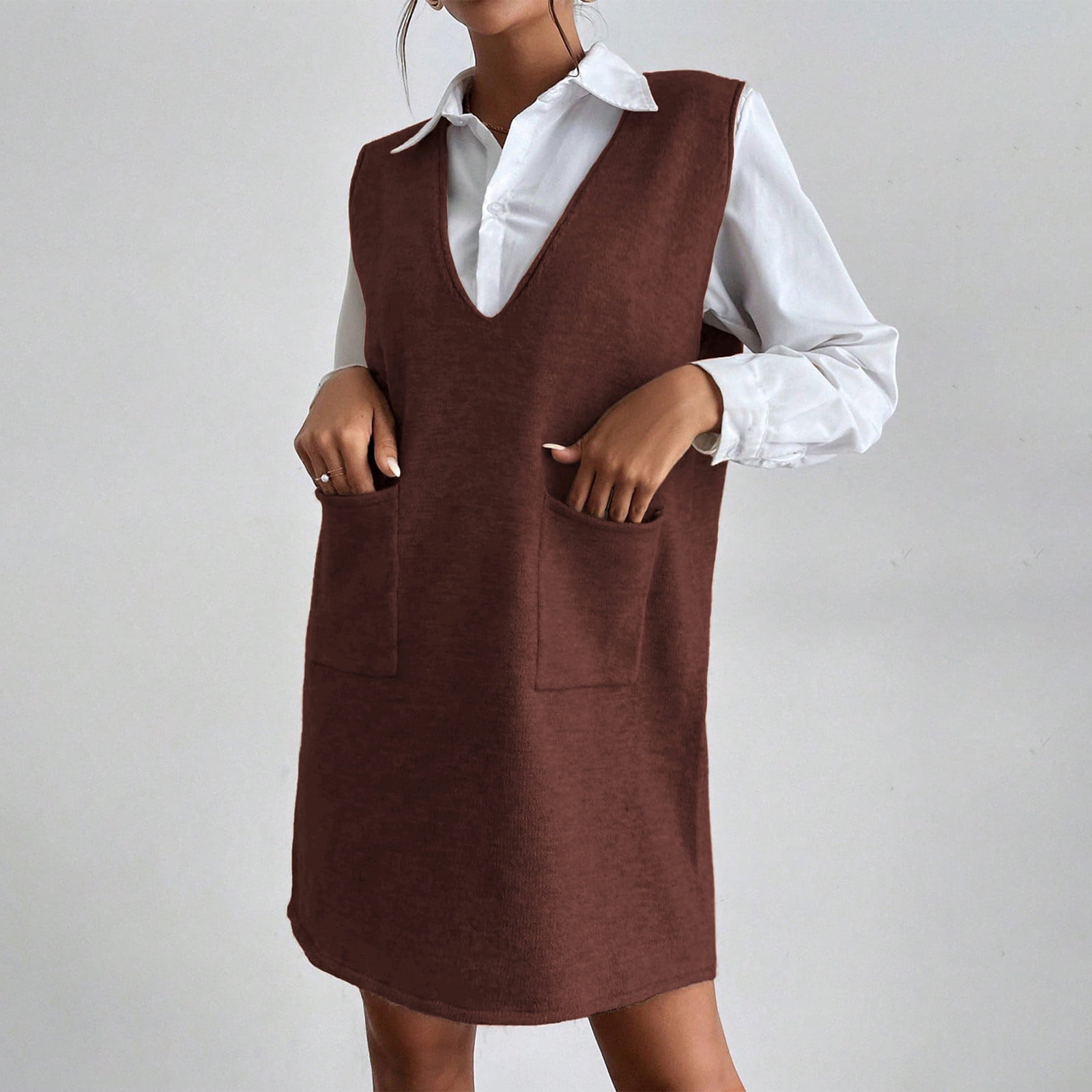 Women's Solid Color V-Neck Knit Tank Dress Casual Sleeveless Sweater Dress  with Pockets - Walmart.com