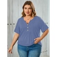 thumbnail image 2 of SHOWMALL Women's Plus Size Blouse V-Neck Loose Fit Comfy Button Henley Shirt Purple Gray 3X Short Sleeve Curvy Fit Tops, 2 of 6