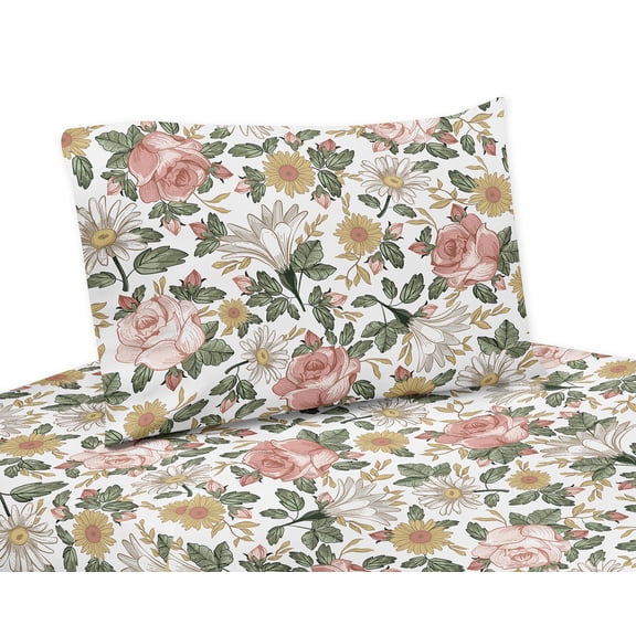 Sweet Jojo Designs Vintage Floral Pink Green and Yellow 4 Piece Queen Size Sheet Set - 4 piece
