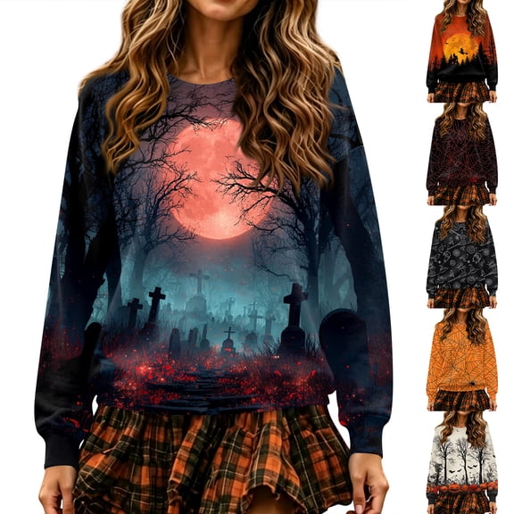 JoveMarine Spooky Graphic Sweatshirt Women - Crew Neck Long Sleeve Halloween Print, Womens Sweatshirt Casual Fall Top, Graphic Sweatshirts for Women Party Style,Black L