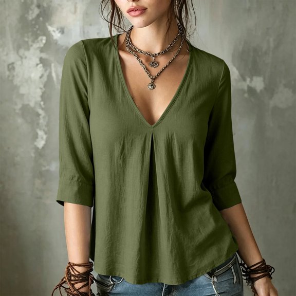 thefmos Women's Fall V Neck 3/4 Sleeve Pleated Flowy Blouses Casual Dressy Tops Solid Basic Pullover for Work Vacation Fashion Clothes, Army Green XL