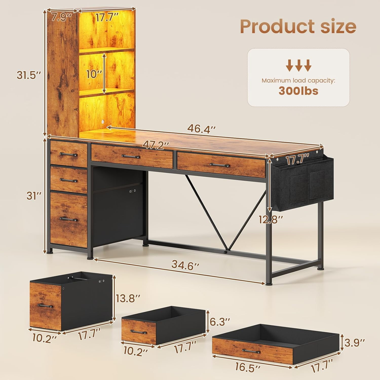 47" Home Office Desk with Bookcase & Storage Bag, Reversible Computer Desk with 5 Drawers and 3-Tier Bookshelves, Gaming Desk with Storage and Led Lights for Small Space, Rustic Brown