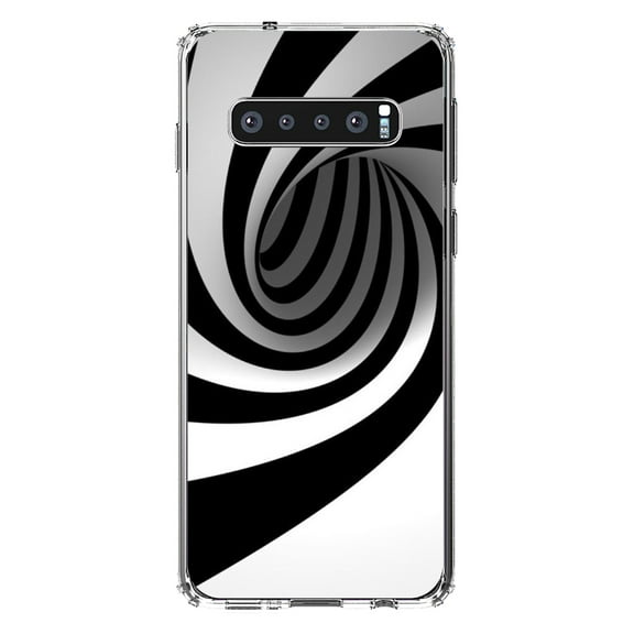 DistinctInk Clear Shockproof Hybrid Case for Samsung Galaxy S10 (6.1" Screen) - TPU Bumper, Acrylic Back, Tempered Glass Screen Protector - Black White Swirl Vortex Geometric