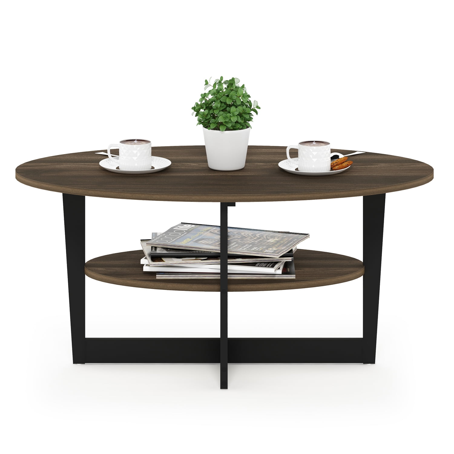 Furinno JAYA Oval Coffee Table, Columbia Walnut/Black