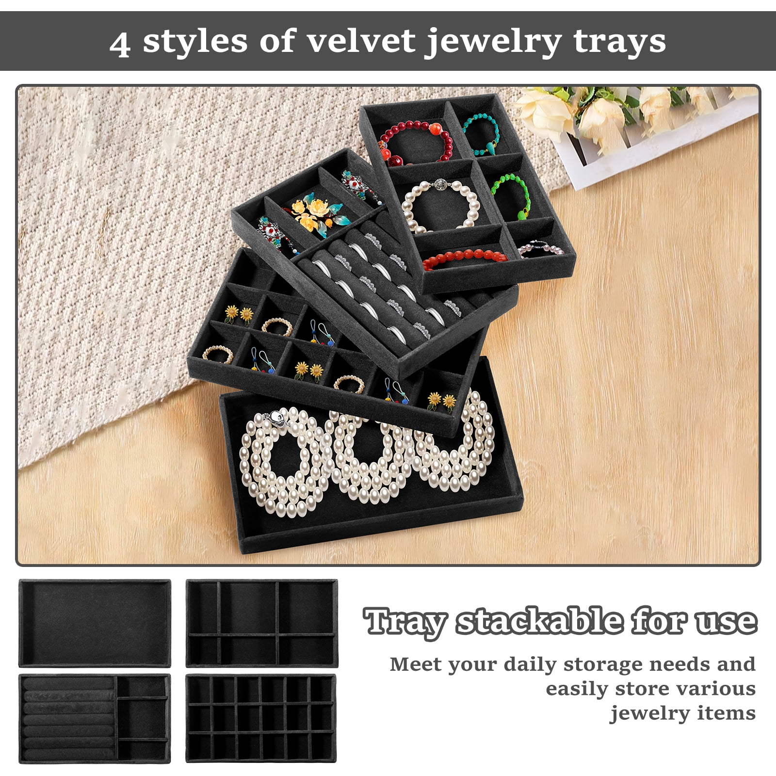 Velvet Jewelry Trays for Drawers, Set of 12 Stackable Jewelry Drawer Organizer Inserts, 4 Styles Black Velvet Drawer Compartment Organizer Tray for Rings, Earrings, Necklace, Bracelet, Watch