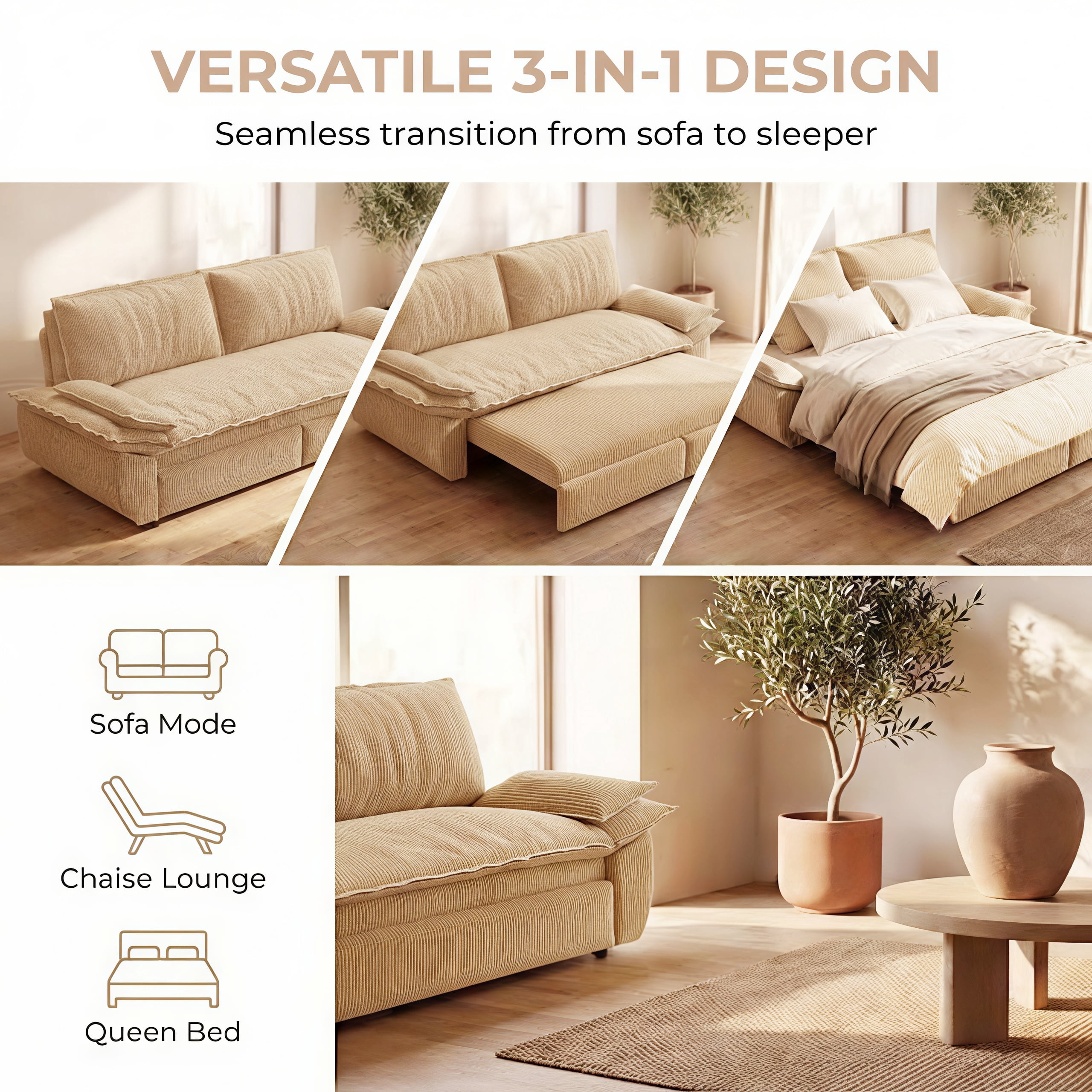 3-in-1 Queen Convertible Sleeper Sofa Bed, 73.2" Corduroy Pull Out Couch with Extra Deep Seat & Pillow Top Armrests, Modern Folding Futon Lounge, Camel