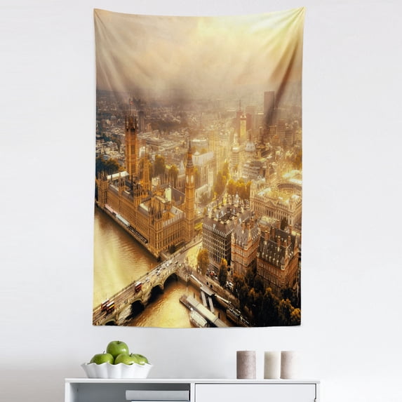 Panorama Tapestry, Westminster Aerial View Thames River and London Urban Scene Panoramic, Fabric Wall Hanging Decor for Bedroom Living Room Dorm, 5 Sizes, Multicolor, by Ambesonne