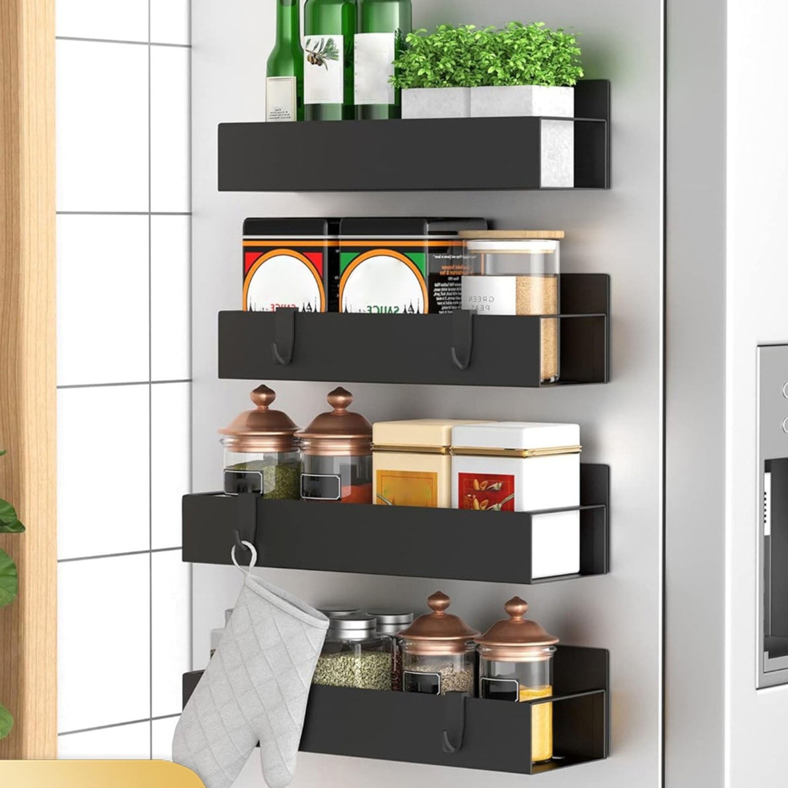 Magnetic Spice Rack For Refrigerator,Magnetic Shelf And Fridge Kitchen Cabinet Organizers Storage,Seasoning Organization Shelves,Fridge Organizer With Hooks For Kitchen And Oven Organizers,E