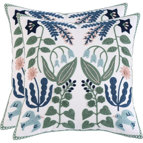 Tosleo Flower Embroidered Throw Pillow Covers 18x18 inch Pack of 2 Green Leaves with Birds Floral Pillowcases Farmhouse Decorative Coastal Pillow Cushion Cases Square Navy Blue Flower Pillow Case