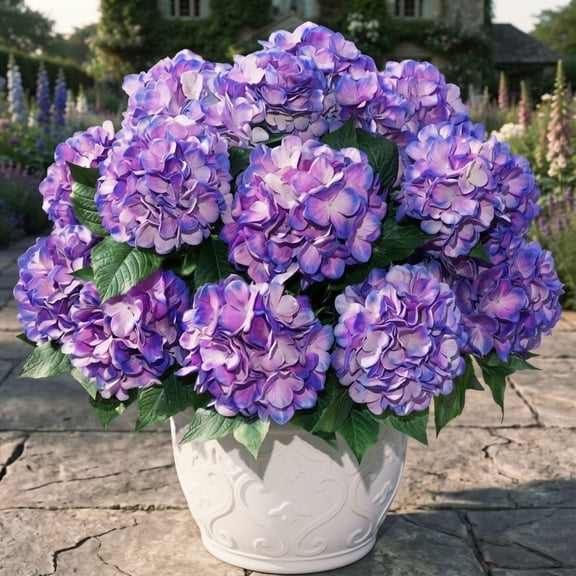 Hydrangea Artificial Flower for Outdoor, 4 Bundles Fake Hydrangea Bush Plant UV Resistant for Outdoors Front Porch Indoor Home Garden Decor, Purple