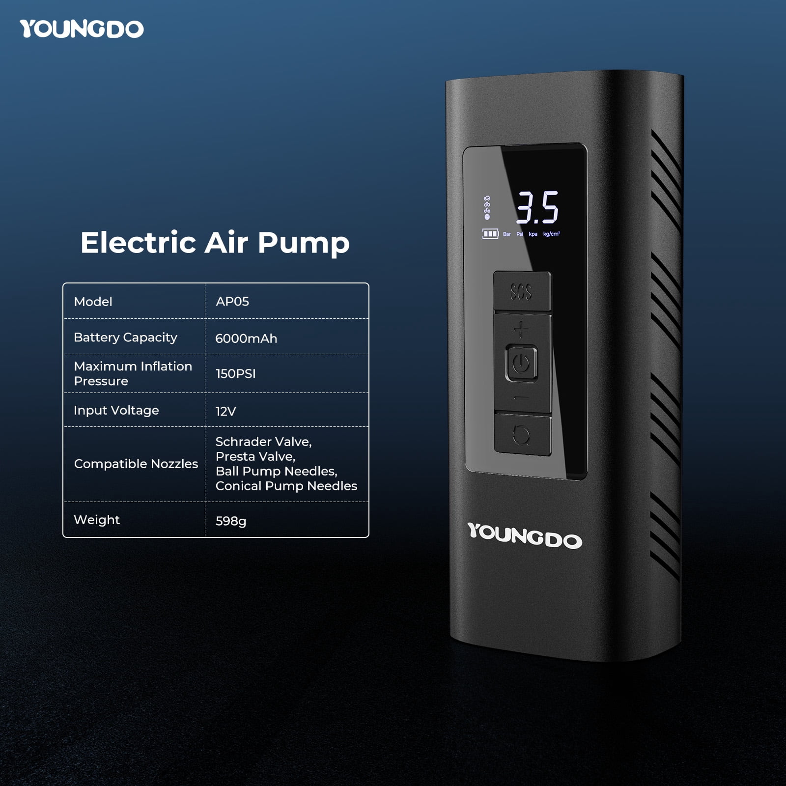 YOUNDO Tire Inflator Portable, 150 Psi Digital Pressure Gauge Air Compressor Rechargeable Tire Pump for Car Moto Bike Balls,6000mAh Automotive Shutoff Pump