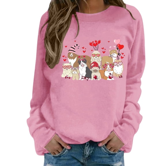 Bibifish Womens Sweatshirts Valentine Dog & Heart Graphic Crewneck Sweatshirts Cute Pet Pattern Family Gathering Outings Adorable Pullover