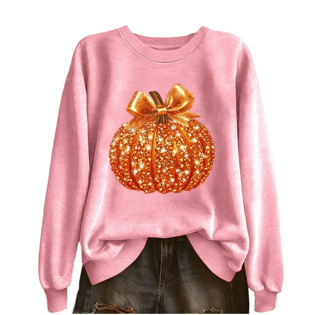 Lcziwo Halloween Chandail à Paillettes pour Femmes, Imprimé Citrouille Drôle, Chandail à Manches Longues à Col Rond, Hauts, Tenues de Mode pour l'Action de Grâce, Automne Hiver, Rose, TG