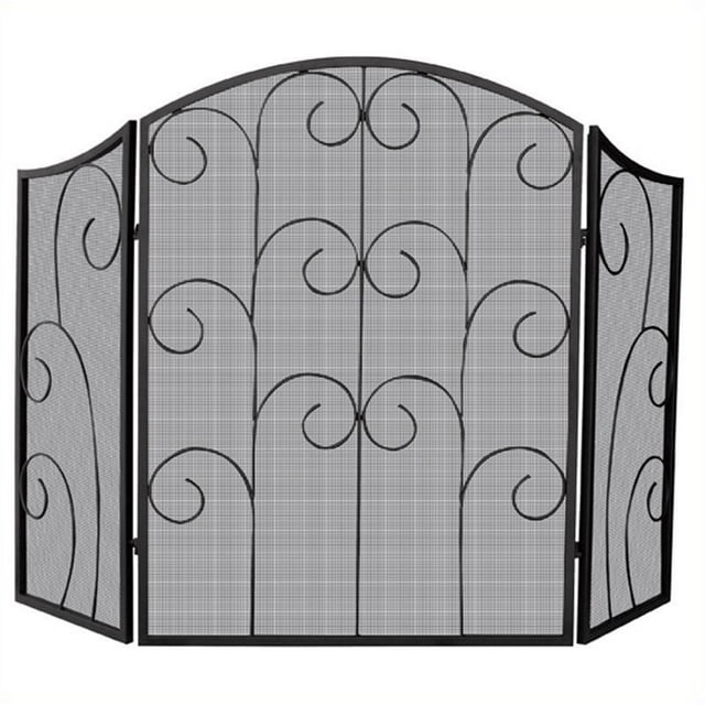 Uniflame 3 Panel Black Wrought Iron Screen with Decorative Scroll
